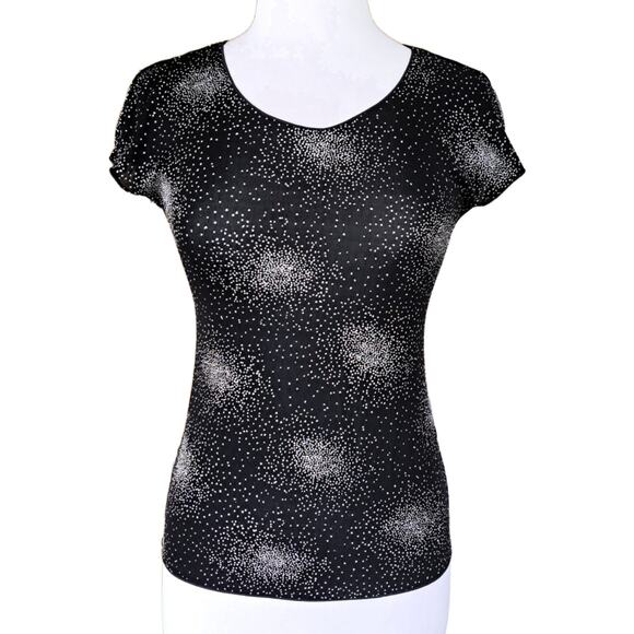 Armani Collezioni Vintage 90s Black Galaxy Glitter Bomb Top Cap Sleeve Tee Sz 4 - Picture 1 of 10